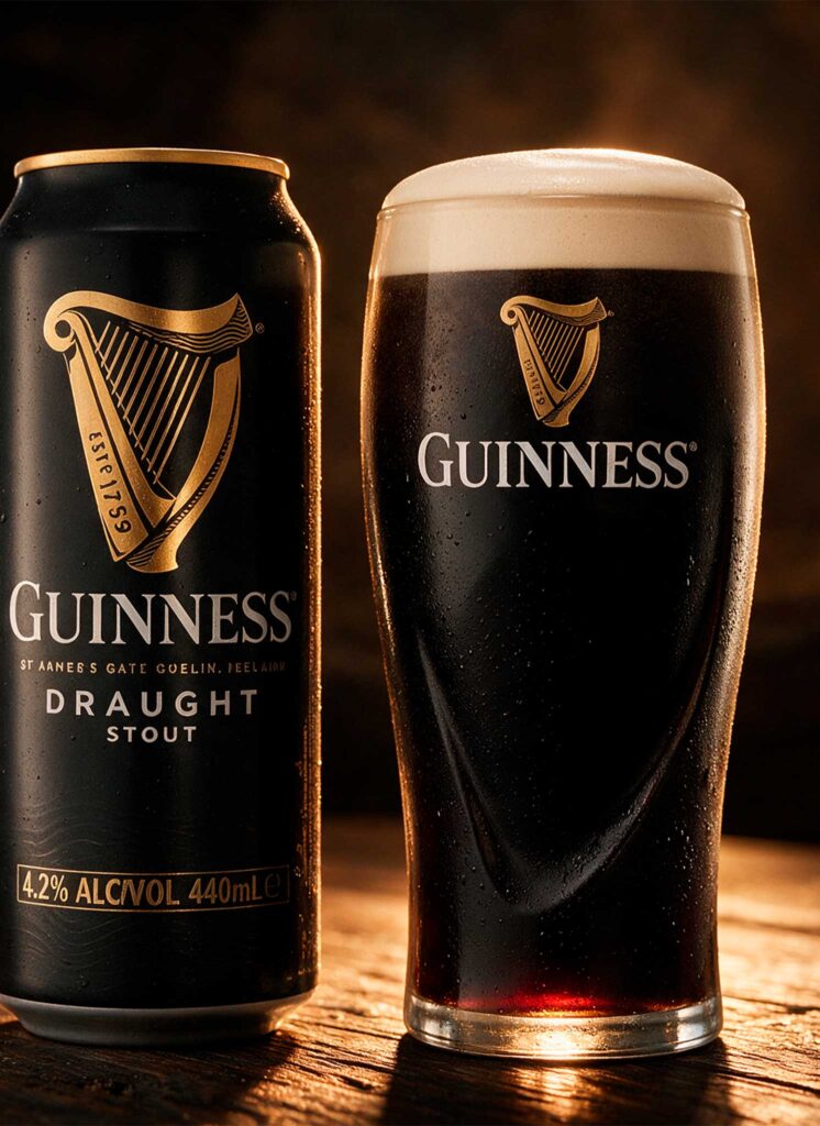 Lata e copo de Guinness no balcão do Grainne’s Pub
